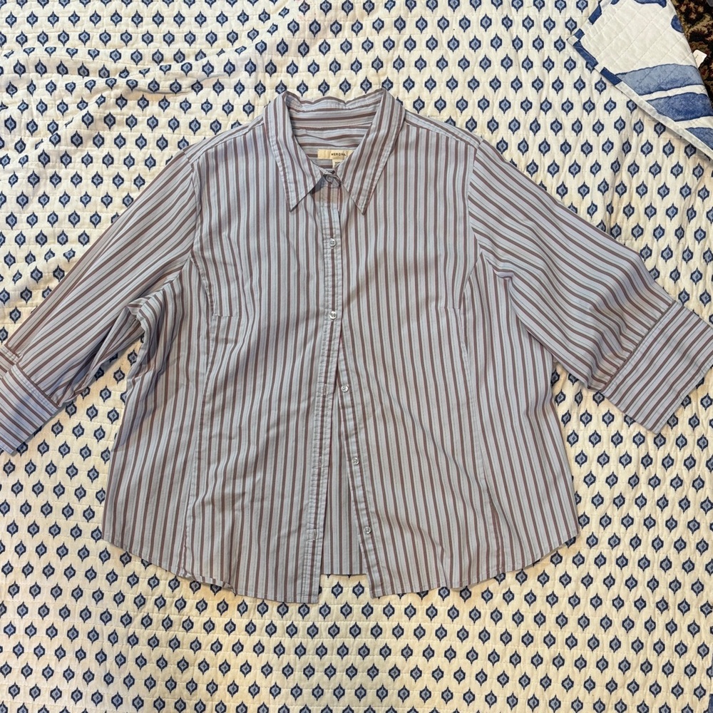 Merona 22 Light Blue Shirt with Pink and Brown Stripes